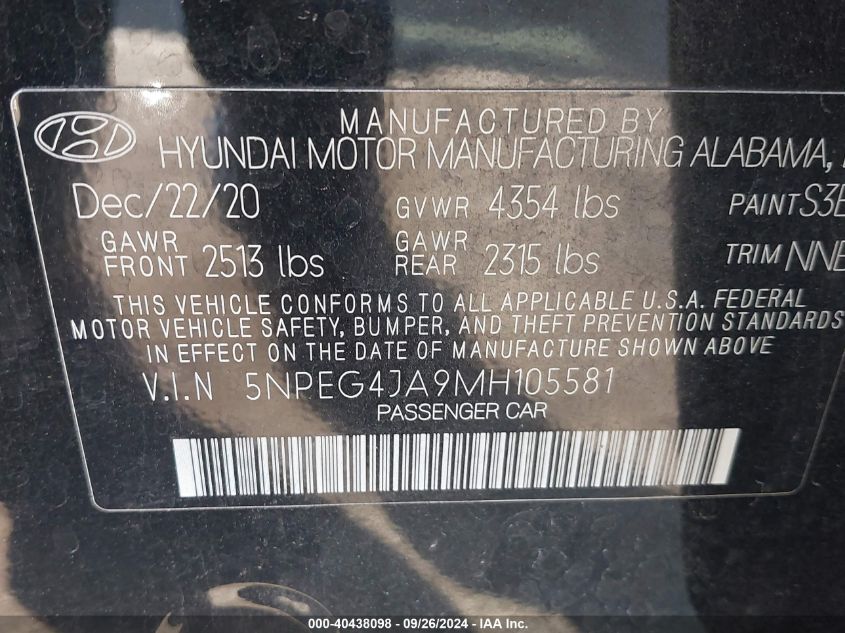 2021 Hyundai Sonata Se VIN: 5NPEG4JA9MH105581 Lot: 40438098