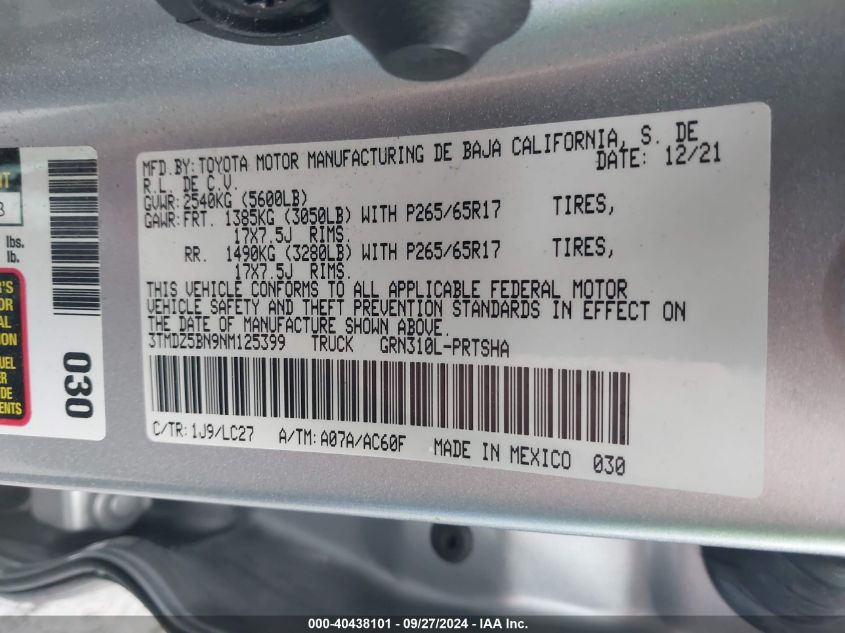 3TMDZ5BN9NM125399 2022 Toyota Tacoma Trd Sport