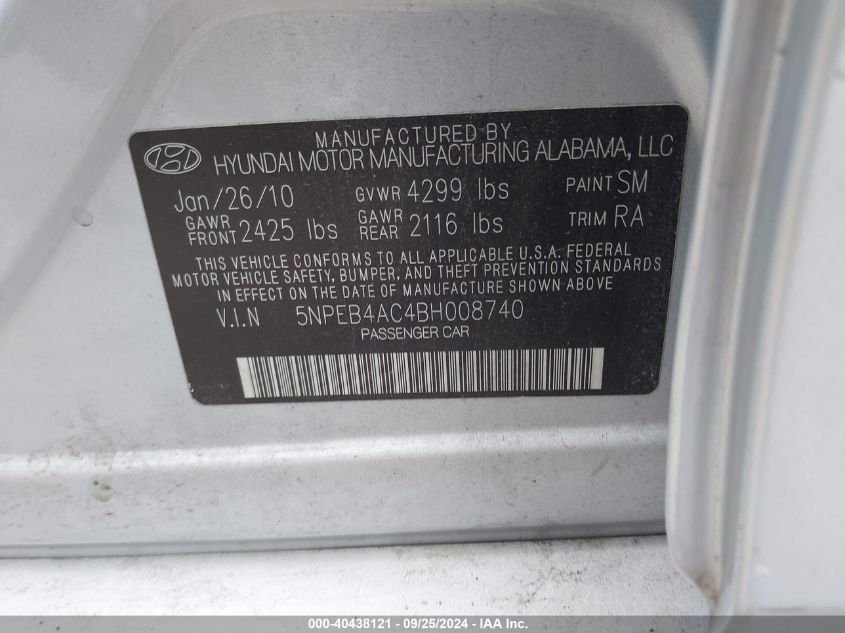 5NPEB4AC4BH008740 2011 Hyundai Sonata Gls