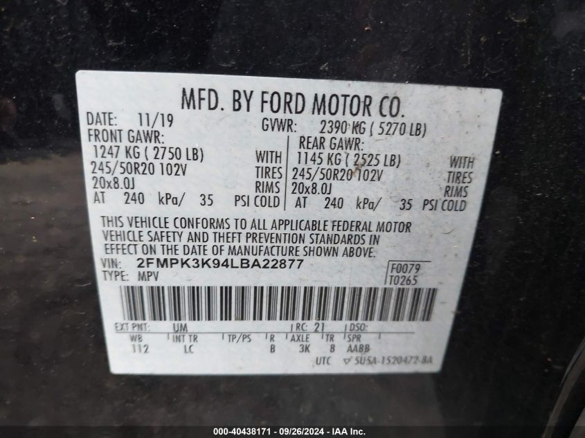 2020 Ford Edge Titanium VIN: 2FMPK3K94LBA22877 Lot: 40438171