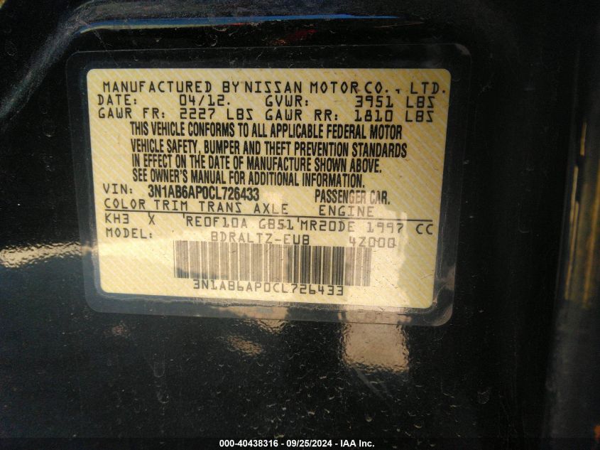 3N1AB6AP0CL726433 2012 Nissan Sentra 2.0 S