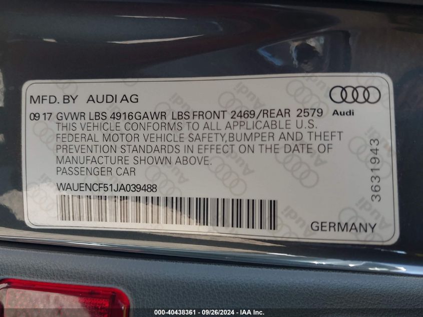 WAUENCF51JA039488 2018 Audi A5 2.0T Premium