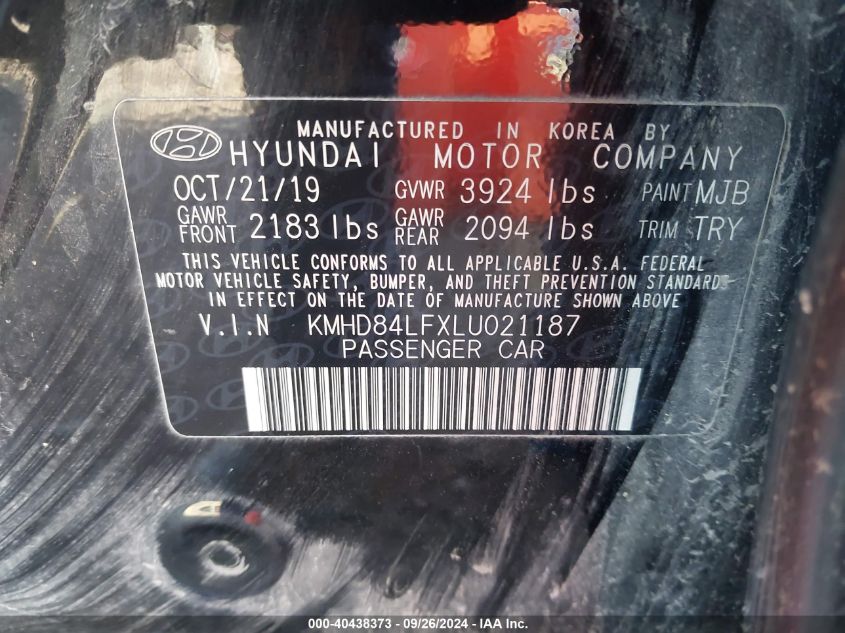 2020 Hyundai Elantra Sel/Value/Limited VIN: KMHD84LFXLU021187 Lot: 40438373