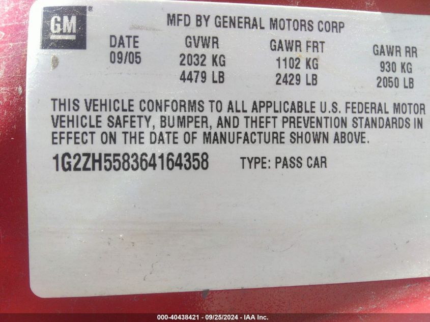 1G2ZH558364164358 2006 Pontiac G6 Gt