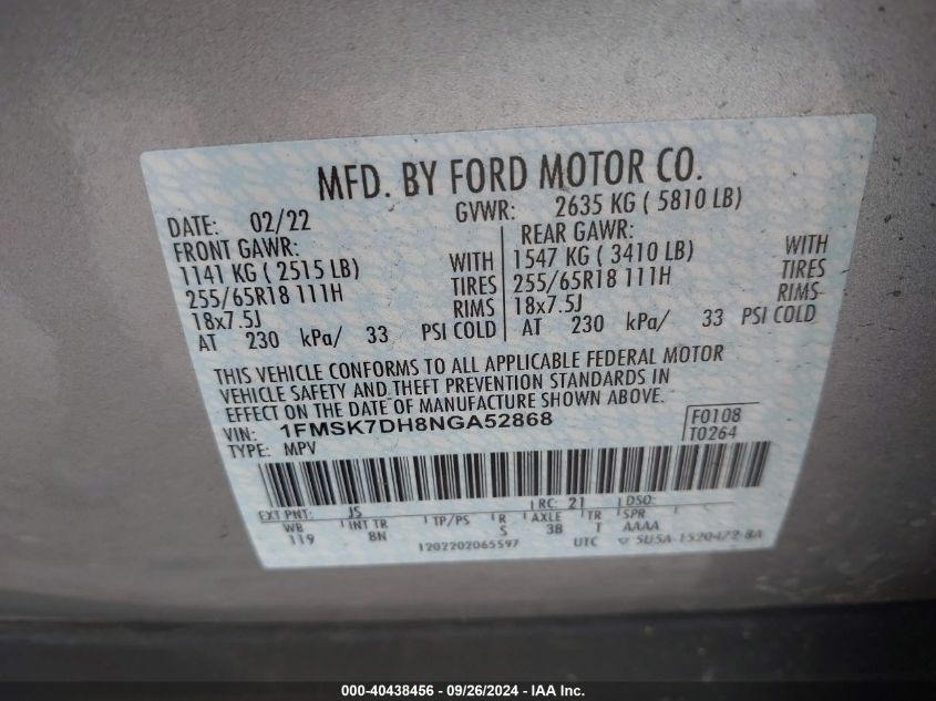 1FMSK7DH8NGA52868 2022 Ford Explorer Xlt