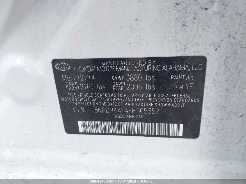 2014 Hyundai Elantra Se VIN: 5NPDH4AE4EH505352 Lot: 40438457