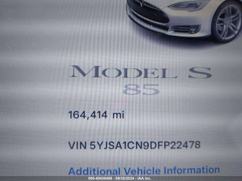 2013 Tesla Model S VIN: 5YJSA1CN9DFP22478 Lot: 40438468