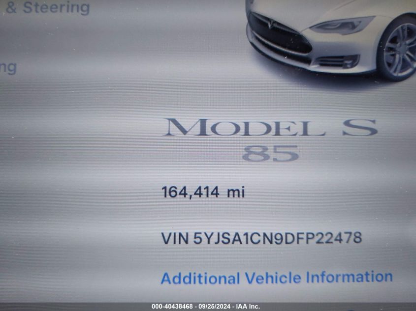 2013 Tesla Model S VIN: 5YJSA1CN9DFP22478 Lot: 40438468