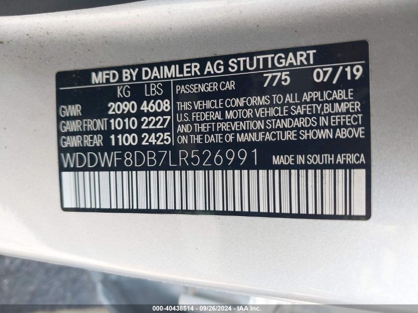 2020 Mercedes-Benz C 300 300 VIN: WDDWF8DB7LR526991 Lot: 40438514