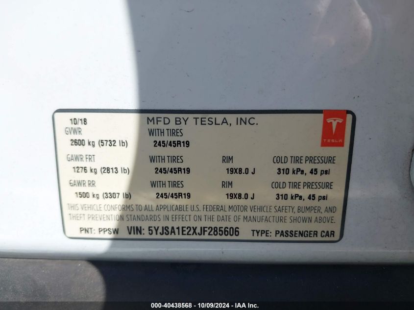 2018 Tesla Model S VIN: 5YJSA1E2XJF285606 Lot: 40438568