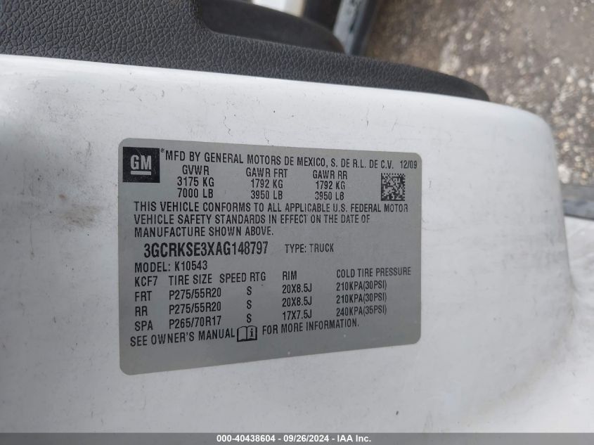 3GCRKSE3XAG148797 2010 Chevrolet Silverado K1500 Lt