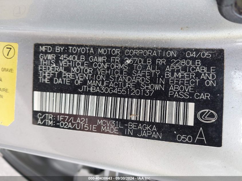 JTHBA30G455120137 2005 Lexus Es 330