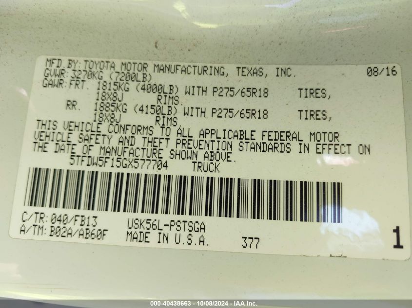 5TFDW5F15GX577704 2016 Toyota Tundra Sr5 5.7L V8