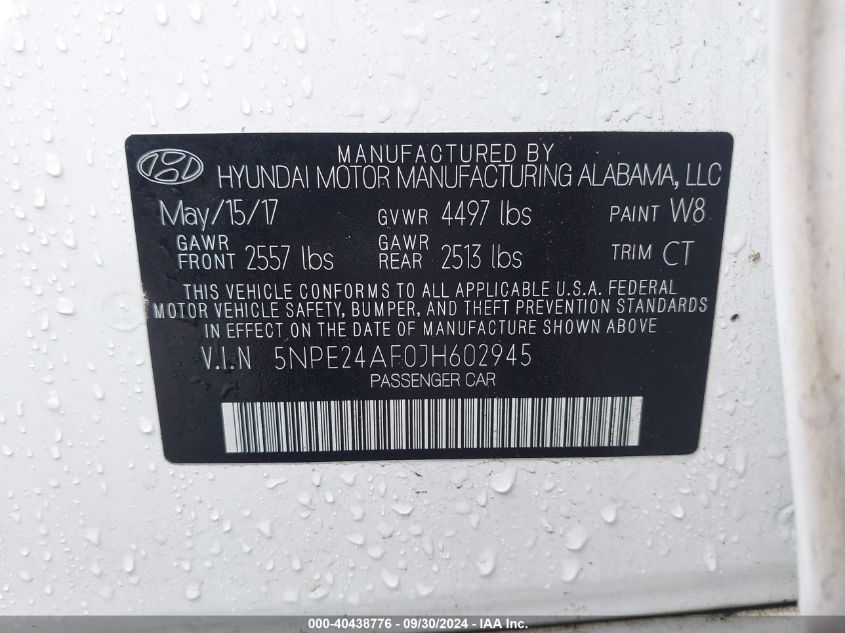 5NPE24AF0JH602945 2018 Hyundai Sonata Se