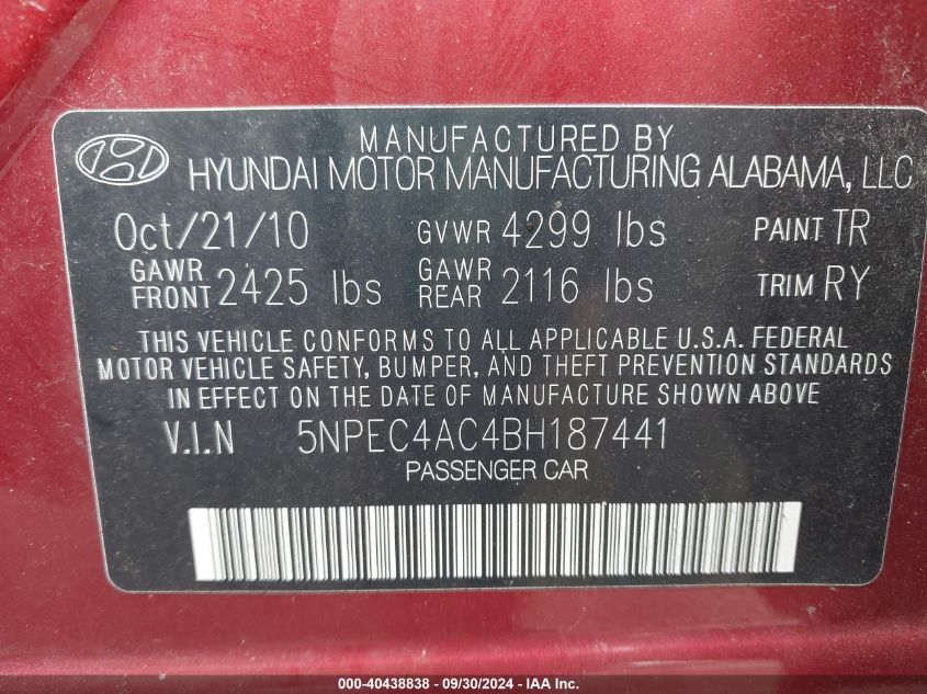 5NPEC4AC4BH187441 2011 Hyundai Sonata Se