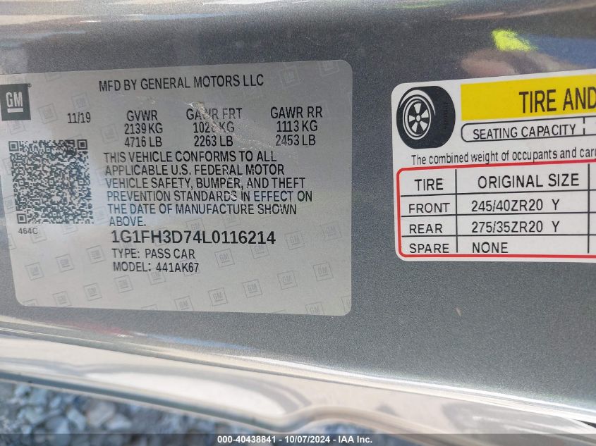 1G1FH3D74L0116214 2020 Chevrolet Camaro Rwd 2Ss