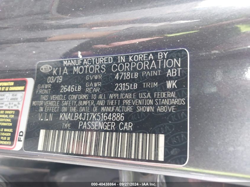 KNALB4J17K5164886 2019 Kia Cadenza Premium