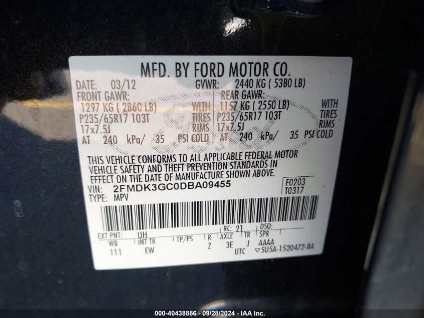 2013 Ford Edge Se VIN: 2FMDK3GC0DBA09455 Lot: 40438886