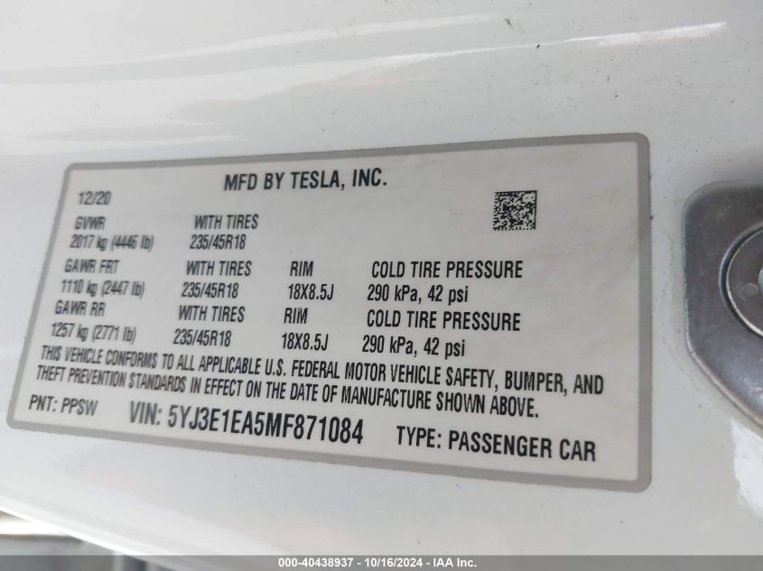 2021 Tesla Model 3 Standard Range Plus Rear-Wheel Drive VIN: 5YJ3E1EA5MF871084 Lot: 40438937