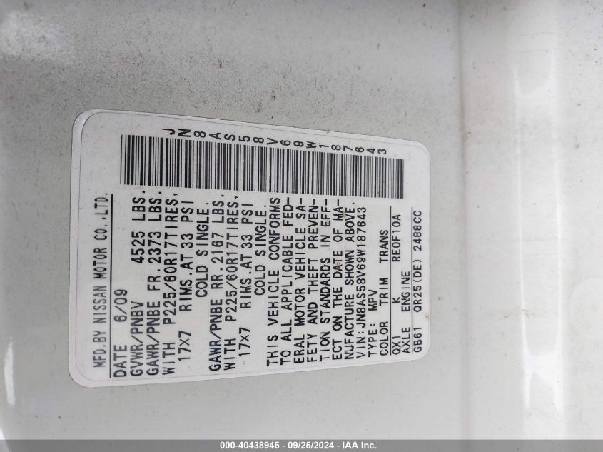 2009 Nissan Rogue Sl VIN: JN8AS58V69W187643 Lot: 40438945