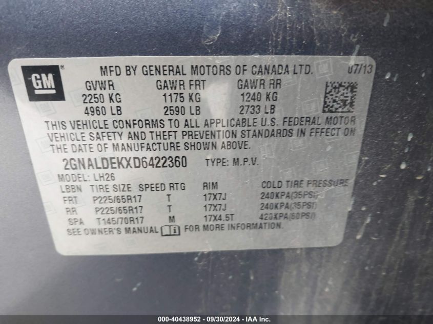 2GNALDEKXD6422360 2013 Chevrolet Equinox 1Lt