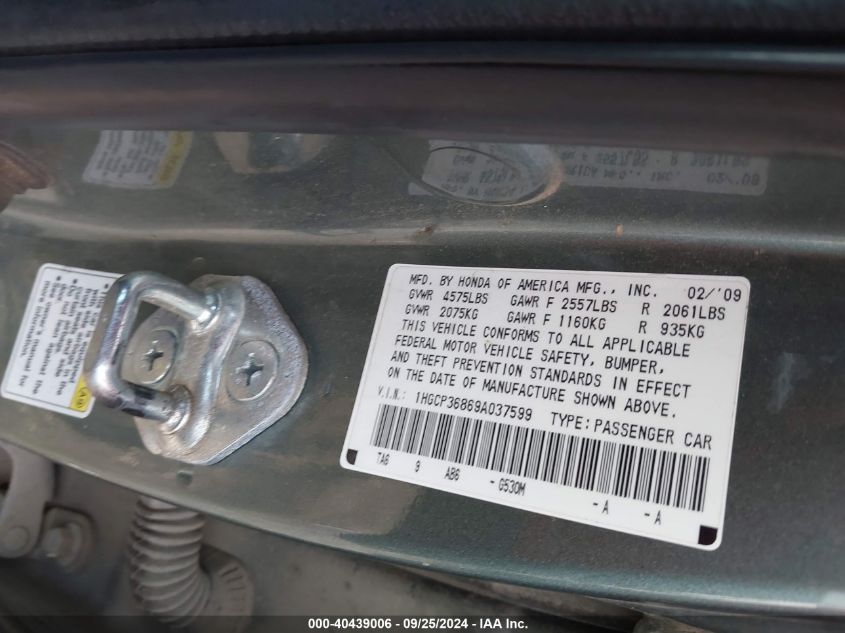 1HGCP36869A037599 2009 Honda Accord 3.5 Ex-L