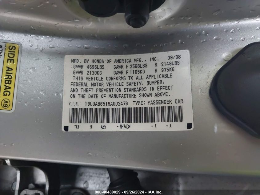 19UUA86519A002476 2009 Acura Tl 3.5