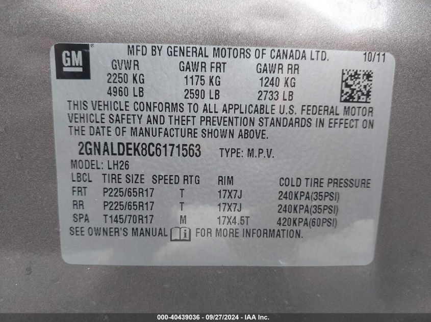 2GNALDEK8C6171563 2012 Chevrolet Equinox 1Lt