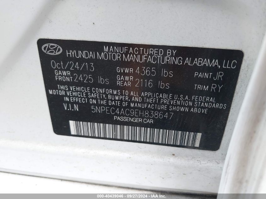 5NPEC4AC9EH838647 2014 Hyundai Sonata Se