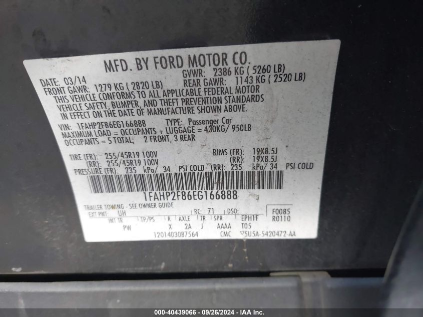 1FAHP2F86EG166888 2014 Ford Taurus Limited