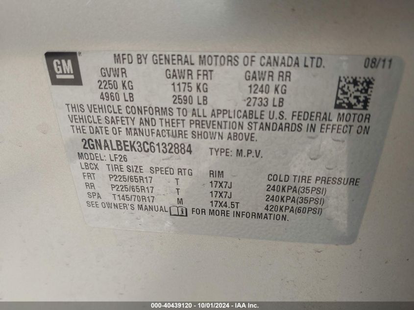 2GNALBEK3C6132884 2012 Chevrolet Equinox Ls