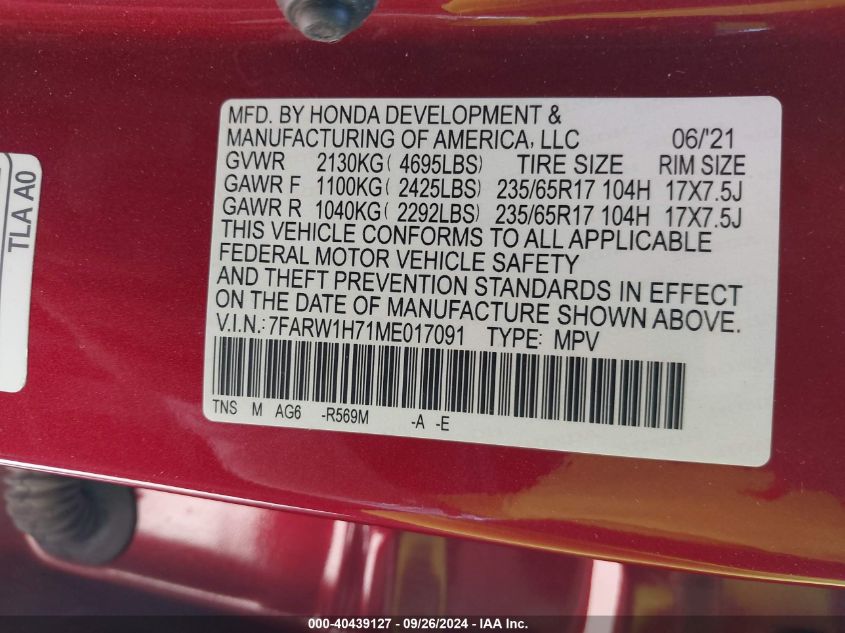 2021 Honda Cr-V Se VIN: 7FARW1H71ME017091 Lot: 40439127