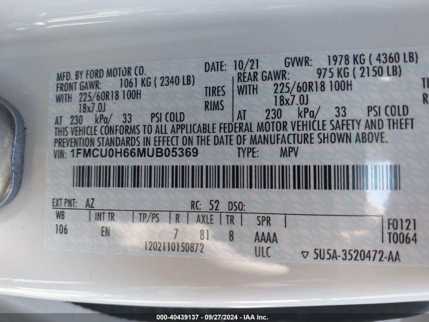 1FMCU0H66MUB05369 2021 Ford Escape Sel