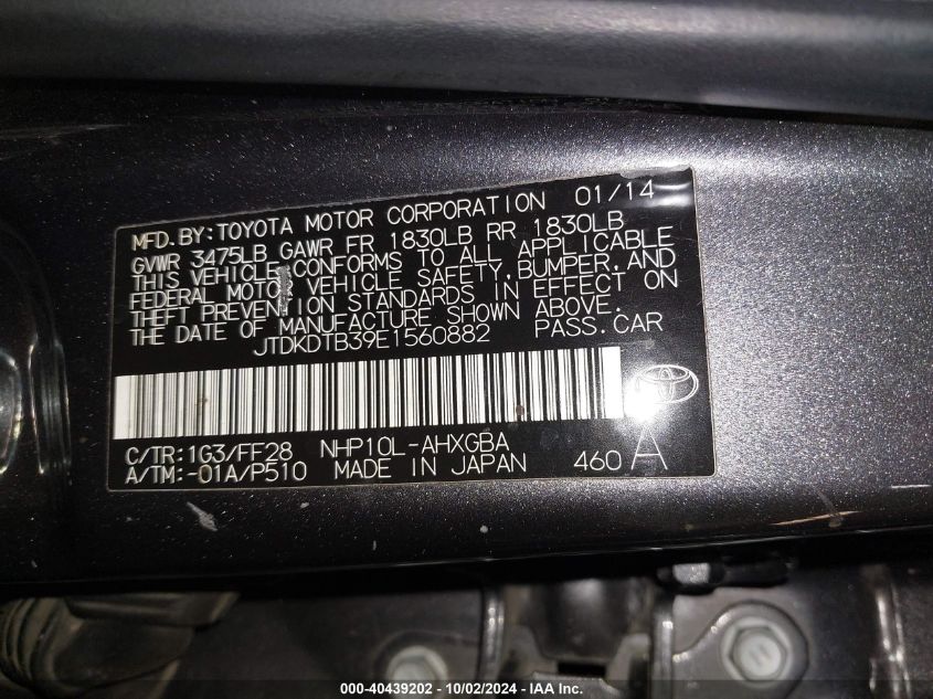 JTDKDTB39E1560882 2014 Toyota Prius C Four/One/Three/Two