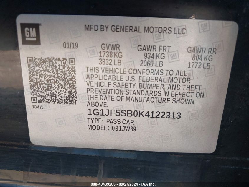 1G1JF5SB0K4122313 2019 Chevrolet Sonic Premier Auto