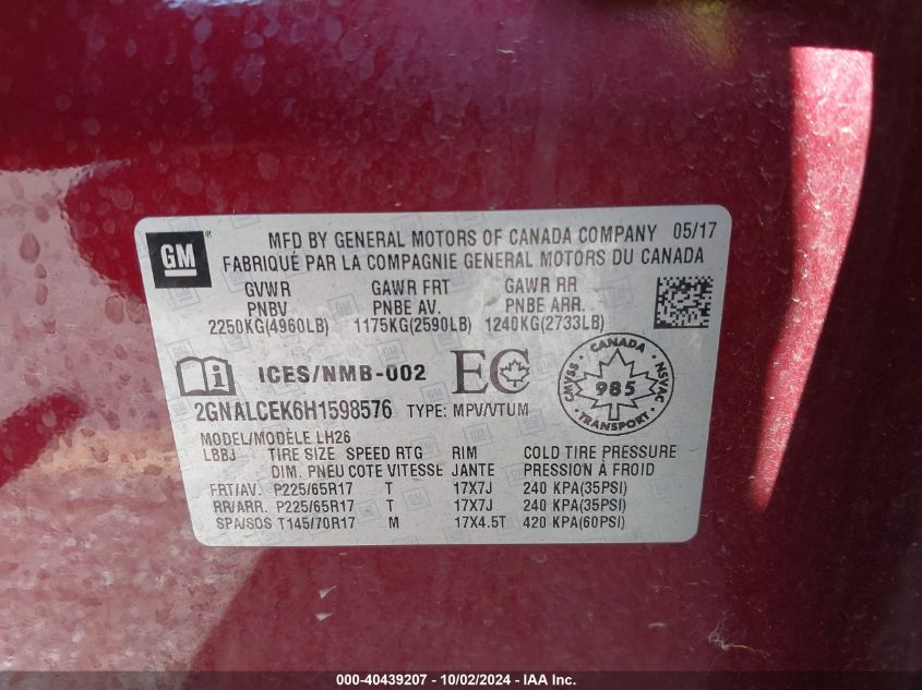 2GNALCEK6H1598576 2017 Chevrolet Equinox Lt