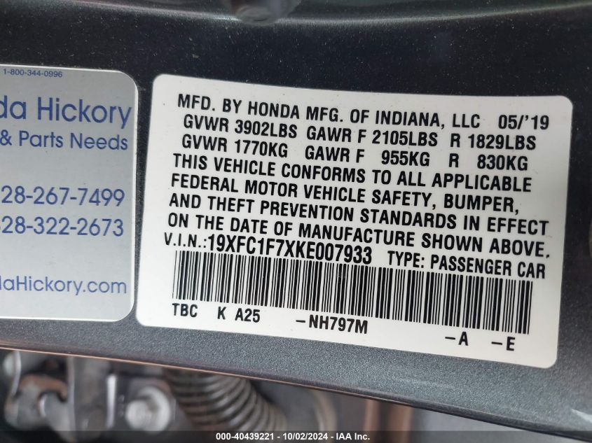 19XFC1F7XKE007933 2019 Honda Civic Ex-L