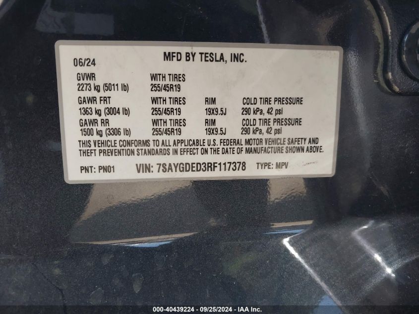 2024 Tesla Model Y Long Range Dual Motor All-Wheel Drive/Rwd VIN: 7SAYGDED3RF117378 Lot: 40439224