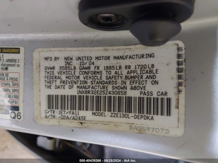 2005 Toyota Corolla Ce VIN: 1NXBR32E25Z430858 Lot: 40439266