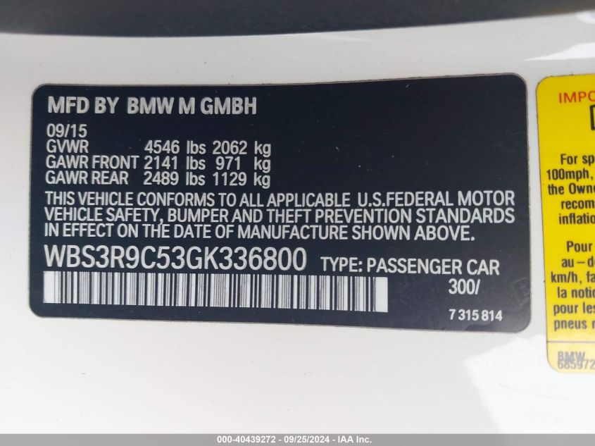 2016 BMW M4 VIN: WBS3R9C53GK336800 Lot: 40439272