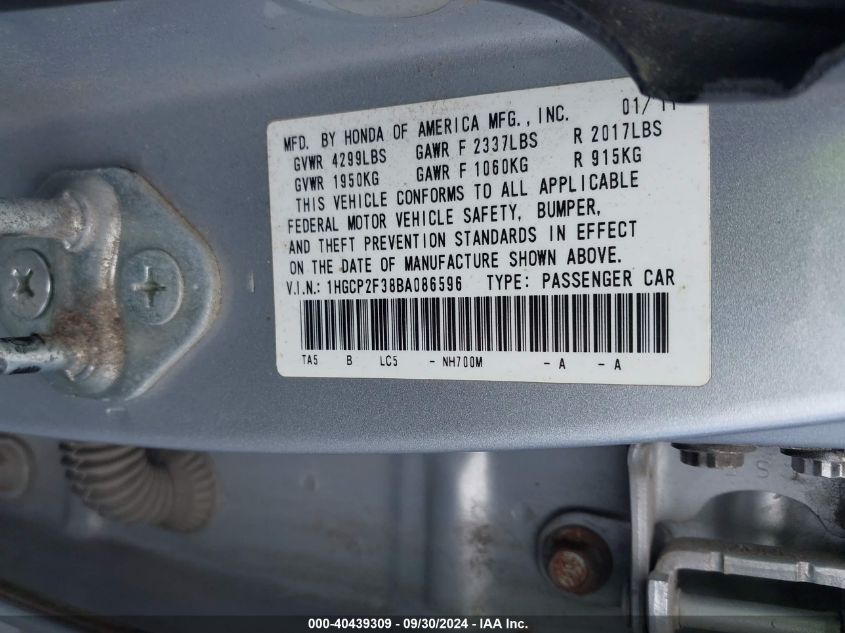 1HGCP2F38BA086596 2011 Honda Accord 2.4 Lx