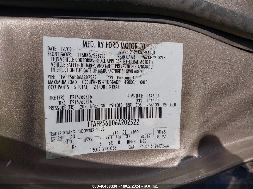 1FAFP56U06A202522 2006 Ford Taurus Sel