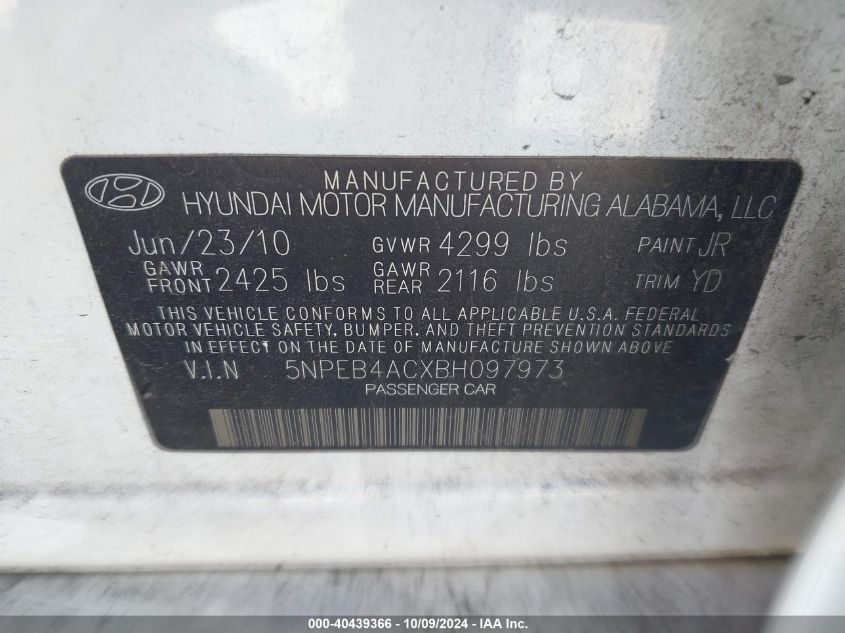 5NPEB4ACXBH097973 2011 Hyundai Sonata Gls