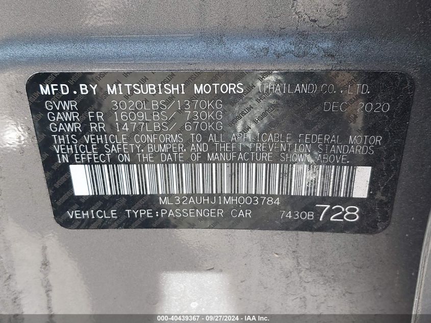 2021 Mitsubishi Mirage Carbonite Edition/Es/Le VIN: ML32AUHJ1MH003784 Lot: 40439367