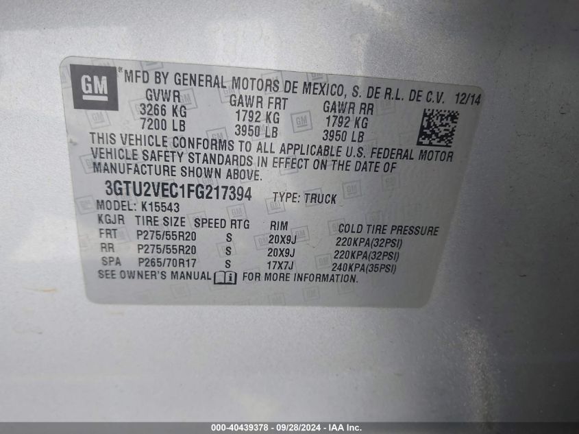 3GTU2VEC1FG217394 2015 GMC Sierra 1500 Slt