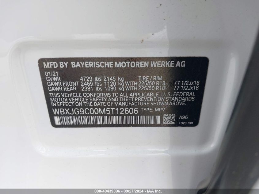 2021 BMW X1 xDrive28I VIN: WBXJG9C00M5T12606 Lot: 40439396