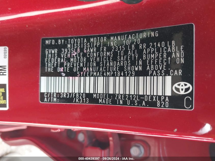 VIN 5YFEPMAE4MP184129 2021 TOYOTA COROLLA LE