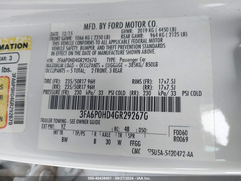 2016 FORD FUSION VIN: 3FA6P0HD4GR292670