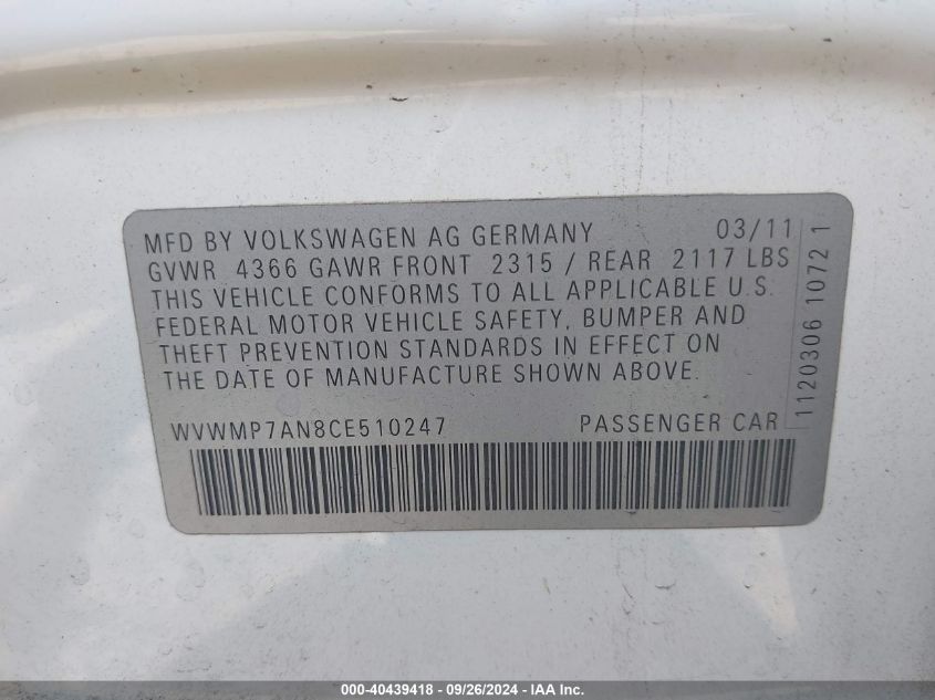 WVWMP7AN8CE510247 2012 Volkswagen Cc Sport/R-Line