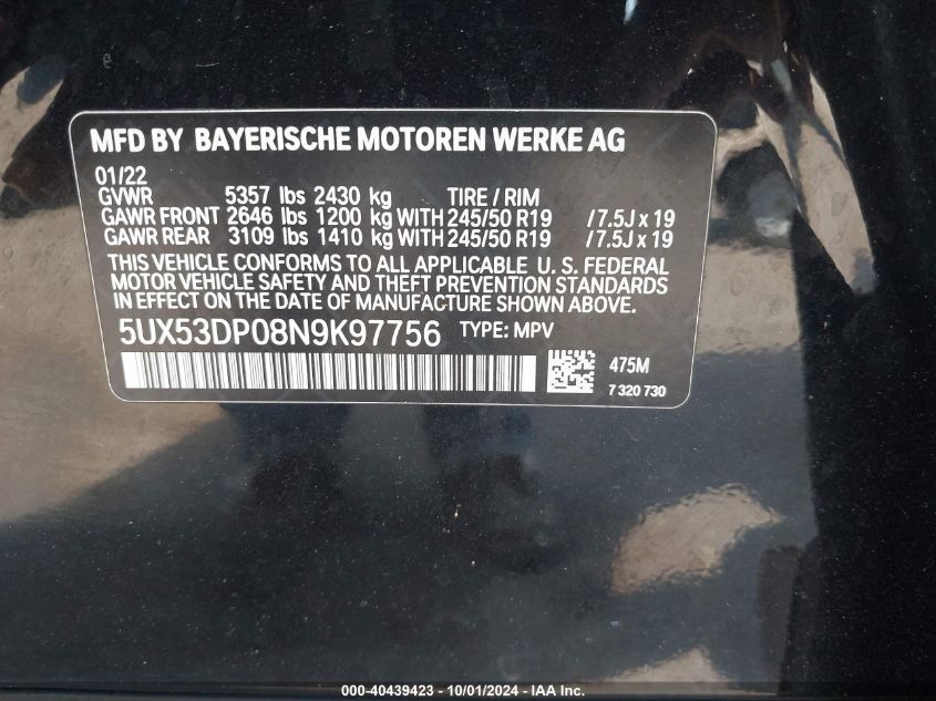 2022 BMW X3 xDrive30I VIN: 5UX53DP08N9K97756 Lot: 40439423